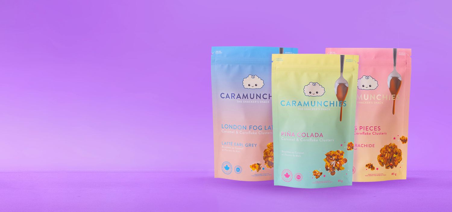 Three Caramunchies pouches sat in a group, on a purple background.