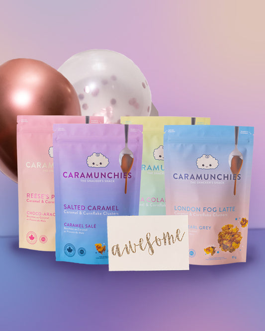 Four Caramunchies pouches with two balloons and a greeting card.